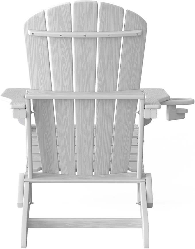 Plawdlik Folding Adirondack Chair Set of 6 with Cup Holder,Wooden Textured,Heavy All-Weather HDPE Comfortable Set Poolside Backyard Lawn,White