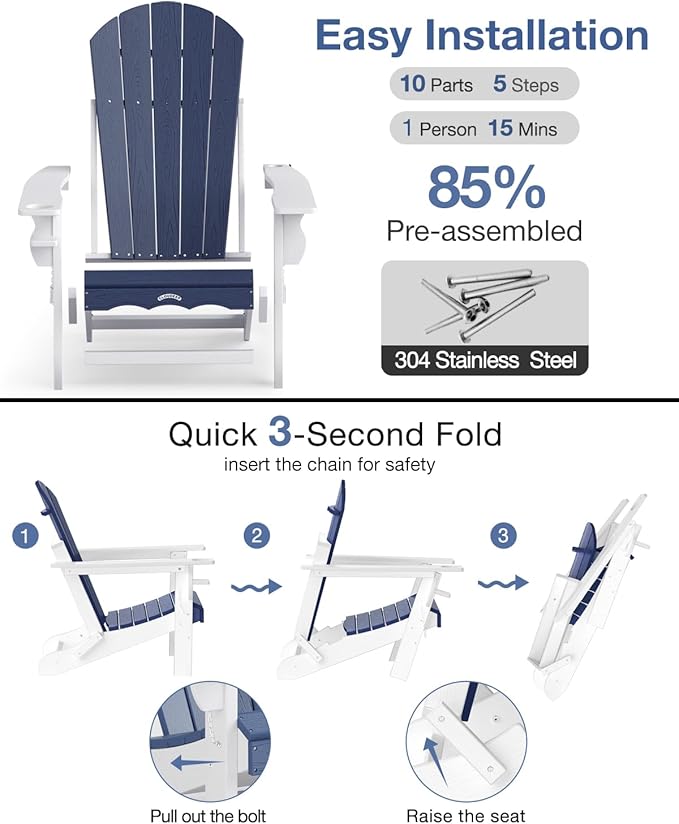 Folding Adirondack Chair –Recyclable HDPE Outdoor Adirondack Patio Chair with Cup Holder, Wood Texture & Umbrella Hole, 25-Year Fade-Free All Weather for Fire Pit, Porch, Poolside, Deck, Blue & White