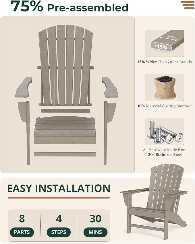 BRIOPAWS Adirondack-Chairs-Set of 2 | Wood Grain | Fire Pit Chair | Oversized | HDPE Plastic | Weather Resistant | for Deck Outdoor Poolside Campfire