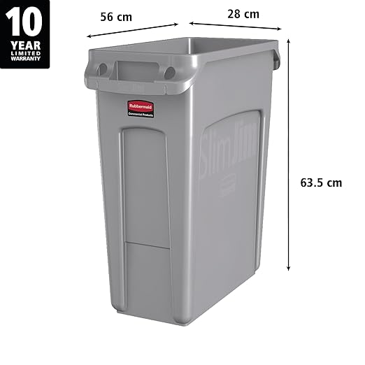Rubbermaid Commercial Products SLIM JIM Plastic Rectangular Trash/Garbage Can/Bin with Venting Channels, 16 GAL, Gray, for Kitchens/Classrooms/Offices/Back of House