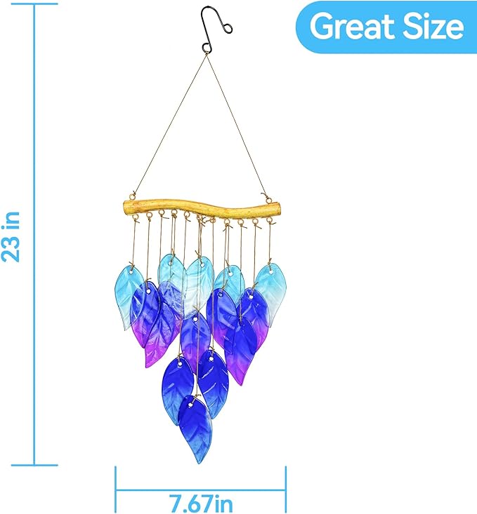 Sea Glass Wind Chime, Leaf Shape Glass Windchime for Outside, Indoor Outdoor Decor for Patio Garden Yard, Nice Gifts for Mom & Women, Memorial Sympathy Gift for Home