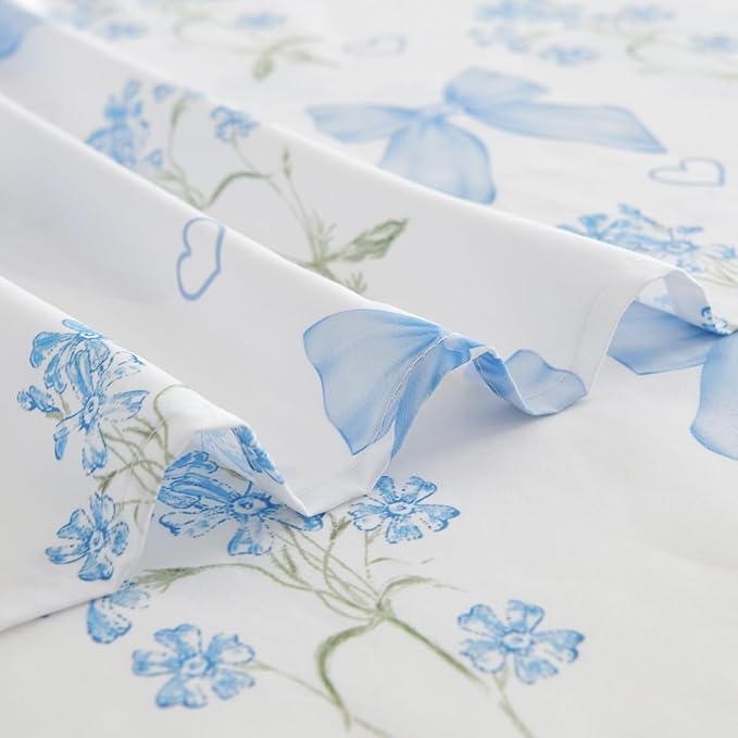 Blue Bow Sheet Set Queen Garden Floral Fitted Sheet Set for Girls Kids Soft Microfiber Fitted Flat Sheets & Pillowcases Cute Princess Style Bowknot Bedding Sets Toddlers 4 Pieces