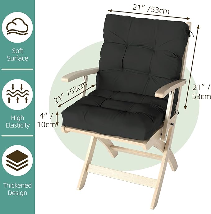 Outdoor Chair Cushion, 42x21x4 Inch Patio Cushions for Dining/Rocking Chairs, High Back Soft Seat Pad with Ties, Indoor Outside Use, Fade-Resistant & Waterproof, Black