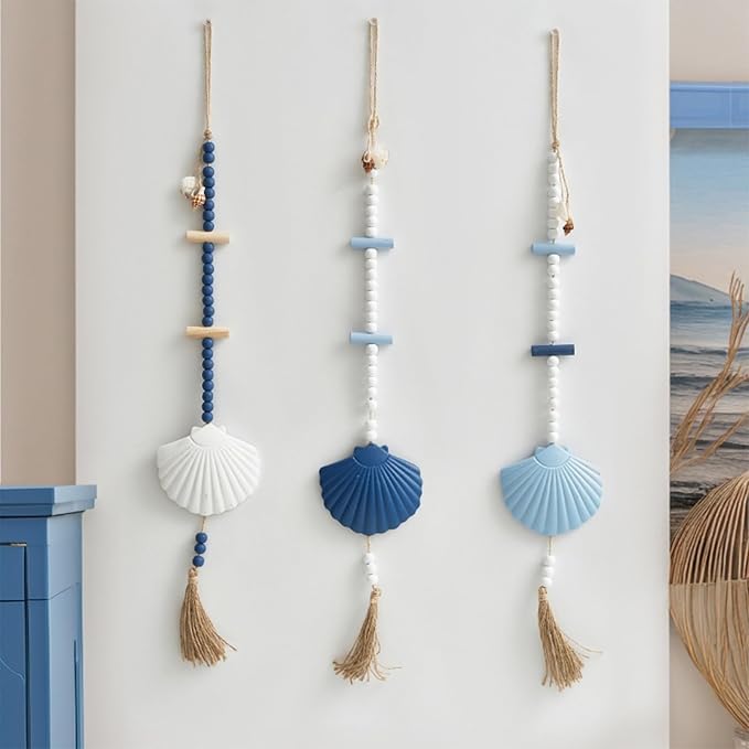 JQAQJU Wooden Driftwood Wall Decor, Scallop Shells Bathroom Decor with Sea Shells, Driftwood Beach Room Decor for Home Indoor Outdoor, Coastal Wall Art for Living Room, Bedroom and Dining Room Blue