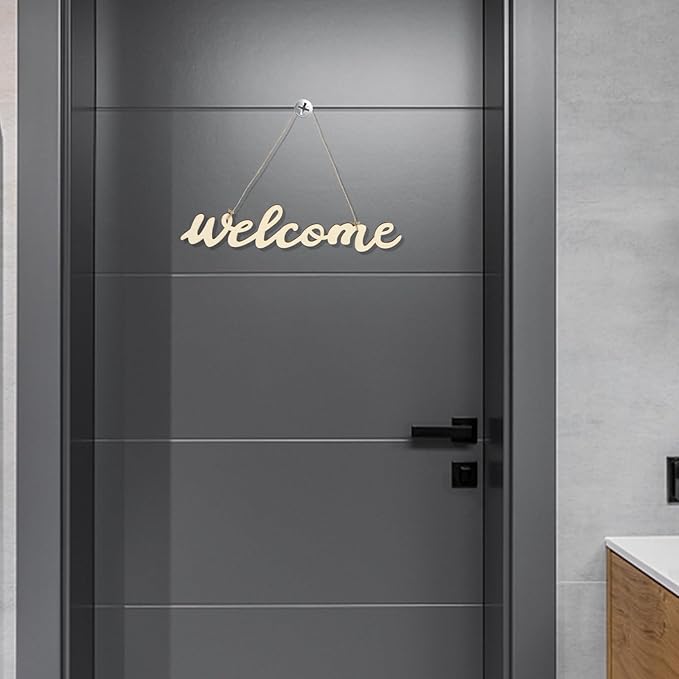 NUOBESTY Wooden Welcome Sign 14.5 Inch Front Door Hanging Plaque with Rope Cursive Wood Letters Home Wall Decor for Porch Entryway Greeting