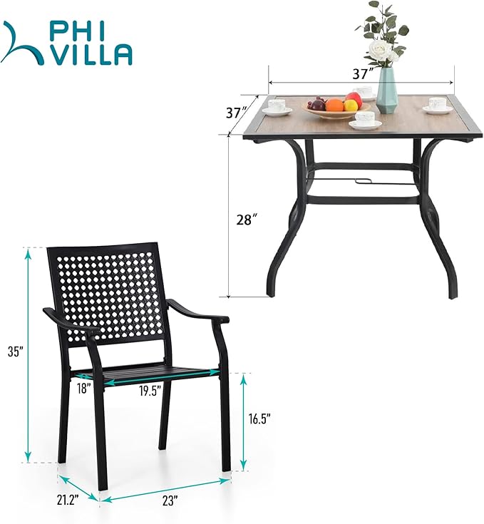 PHI VILLA 5 Pieces Outdoor Dining Set for 4, Stackable Chairs with Cushions & 37" Square Patio Wood-Like Table with Umbrella Hole, Modern Furniture Set for Deck, Patio,Yard,Porch