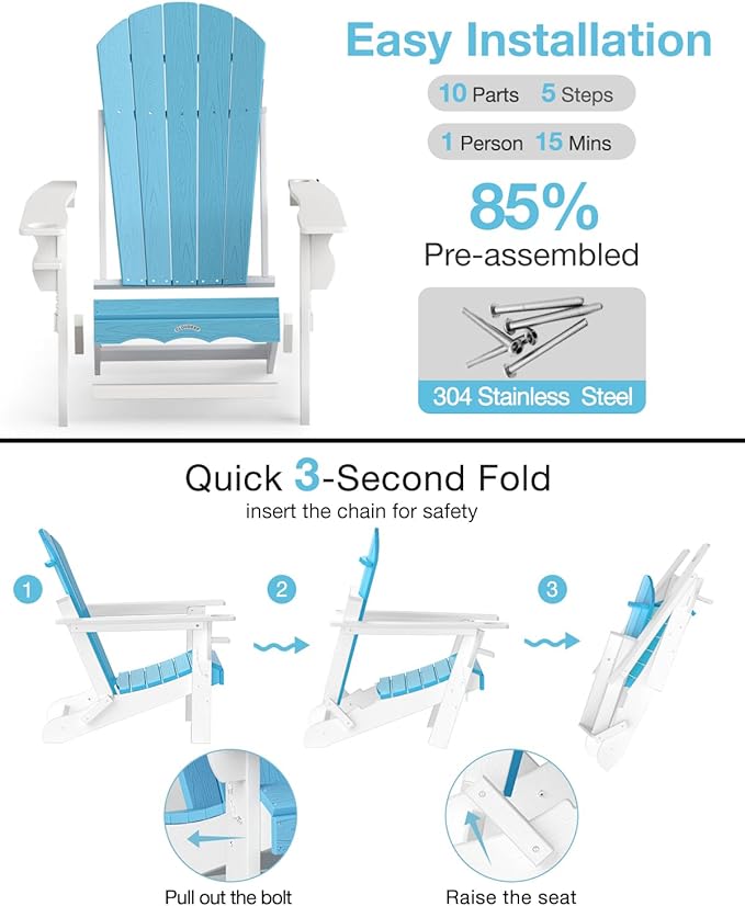 Folding Adirondack Chair –Recyclable HDPE Outdoor Adirondack Patio Chair with Cup Holder, Wood Texture & Umbrella Hole, 25-Year Fade-Free All Weather for Fire Pit, Porch, Poolside, Deck, Aruba & White