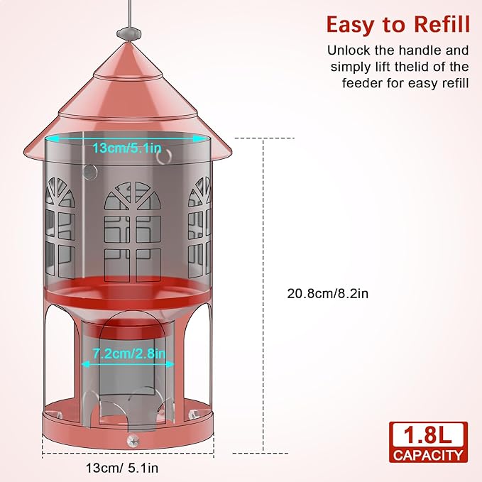 Metal Bird Feeder for Outdoor Hanging, Large Capacity Wild Bird Feeder with Weatherproof Roof & Squirrel-Proof Design, Easy to Fill & Clean, Ideal for Cardinals, Finches, and Blue Jays