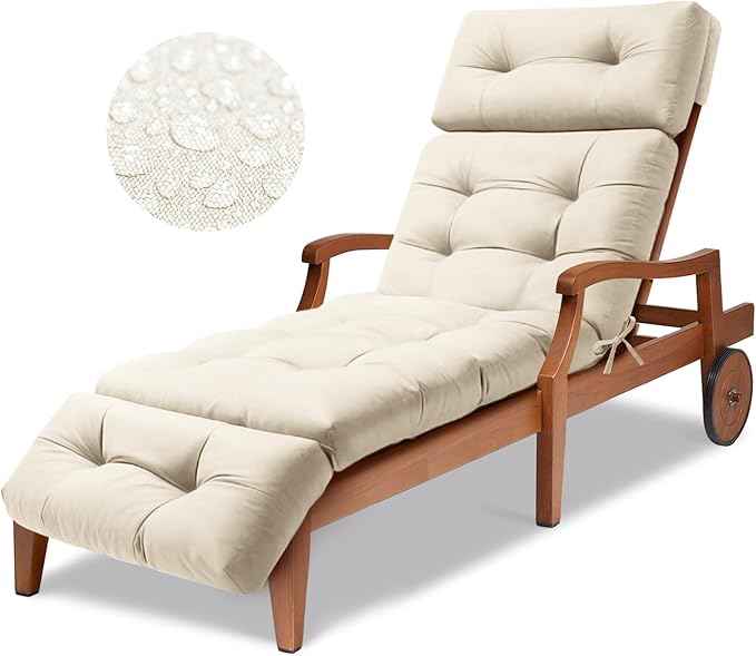 Waterproof Long Lounger Chair Cushion Outdoor Chaise Lounge Chair Cushionswith Ties, Patio Recliner Thickened Lounge Chair Cushions for Indoor 74.4 x 22 x 4.7 Inches, Cushion Only (Creme White)