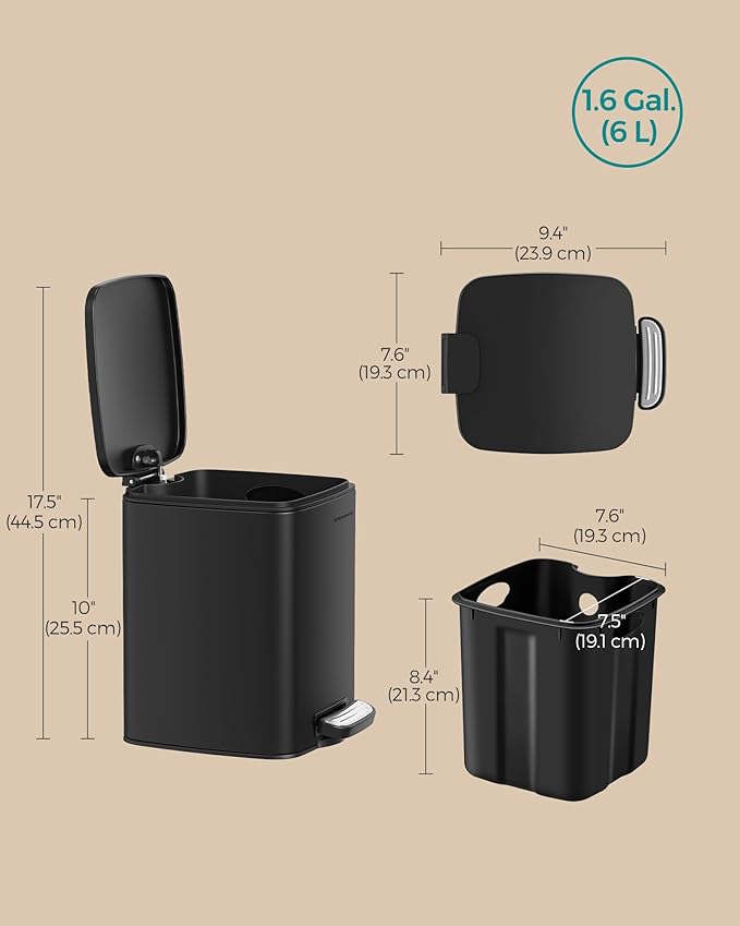SONGMICS Dog Poop Trash Can, 1.6-Gallon (6 L) Outdoor Garbage Can with Lid, Soft Close, Stainless Steel with Inner Bucket, Ink Black ULTB590BH01