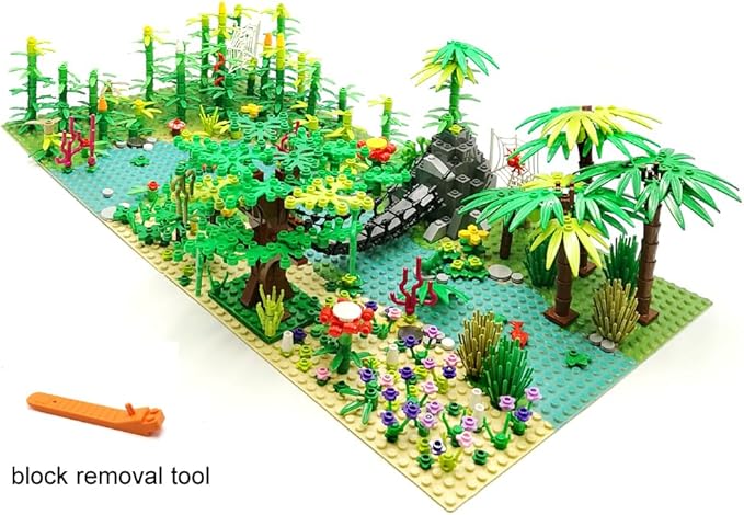 ZHX Rainforest Jungle Bridge Building Block Toys with 2pcs Baseplates(10x10 inches Each) Garden Bricks Accessories Bush Flowers Animals Coconut Trees for Classic Brick Block Toys