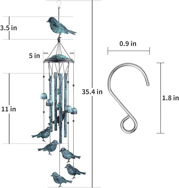 Monsiter QE Bird Wind Chimes for Outside, Outdoors Wind Chimes with 4 Large Aluminum Tubes & S Hook - Outdoor Clearance Hanging Decor for Garden, Patio, Backyard or Porch