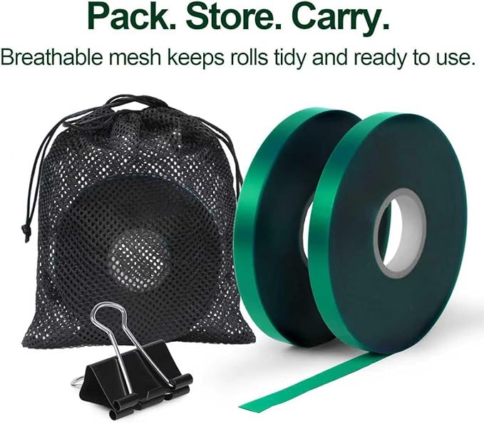 Plant Tie Tape – 4 Rolls (788 ft) Stretch Vinyl (PVC), 0.5" Wide, Non-Adhesive Garden Ties for Stems & Poles – Includes Mesh Bag & Binder Clip (788 ft)