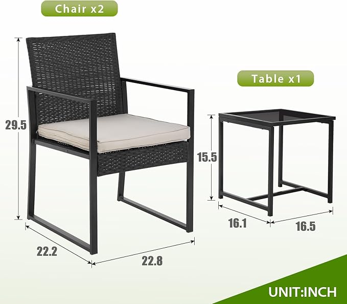PayLessHere | 3-Piece Outdoor Patio Furniture Set | Khaki | Modern Rattan Bistro Set with Cushioned Chairs & Tempered Glass Coffee Table | Indoor & Outdoor Seating | for Balcony, Garden, Poolside