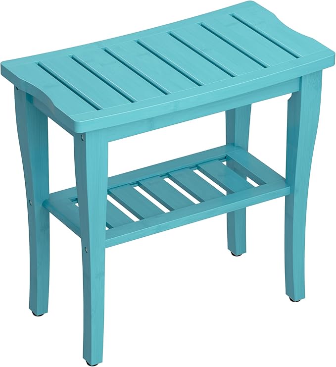 Bamboo Shower Bench Stool with Storage Shelf, Waterproof Shower Chair Spa Bath Seat, Shower Stool for Inside, Bathroom Bench Seat for Adults Elderly Seniors for Indoor or Outdoor Use(Sky Blue)