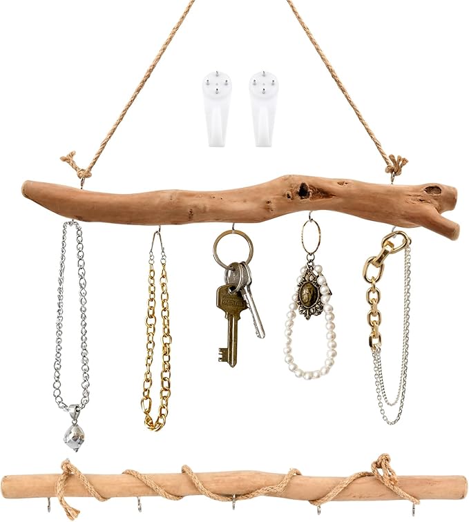 2Pcs 15.74 Inch Driftwood Decorative Branches with 5 Hooks, Rustic Wall Hanging Decor for Hanging Jewelry, Keys, Hats(COLOR:2Pcs)
