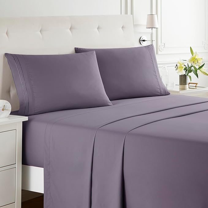 Clara Clark Full XL Bed Sheet Set - Wrinkle, Fade, Stain Resistant, Deep Pocket Sheets - Luxury Soft Bedding Sheets & Pillowcases, Full XL Grayish Purple