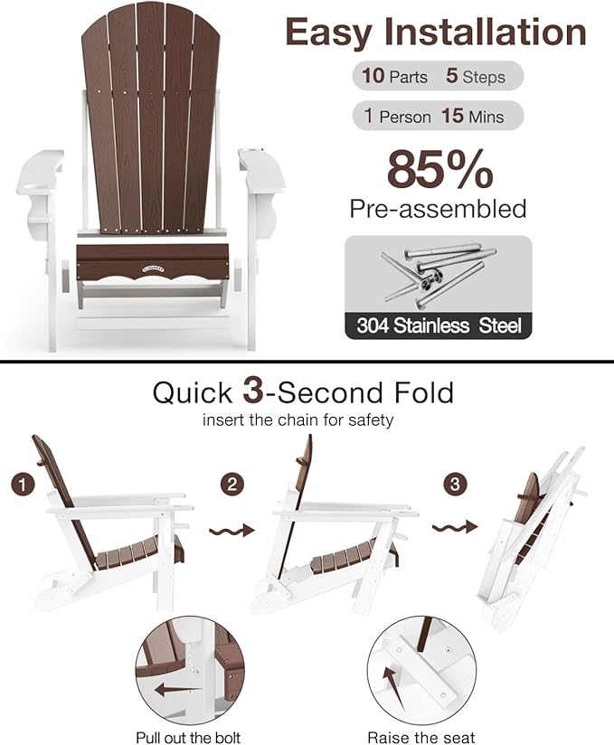Folding Adirondack Chair –Recyclable HDPE Outdoor Adirondack Patio Chair with Cup Holder, Wood Texture & Umbrella Hole, 25-Year Fade-Free All Weather for Fire Pit, Porch, Poolside, Deck, Brown & White