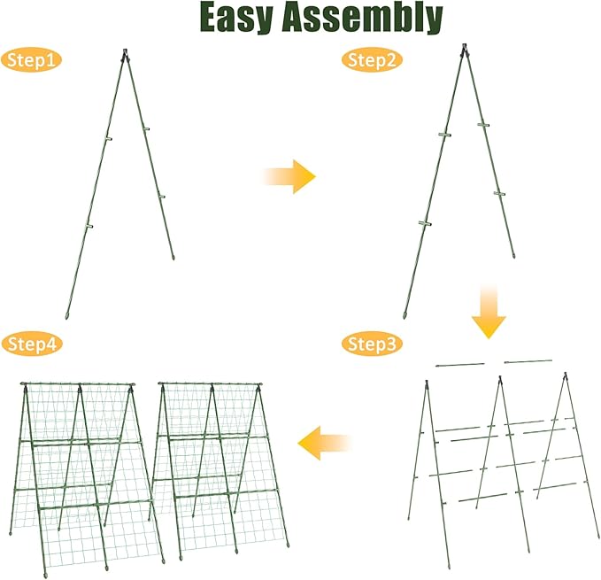 Miory Cucumber Trellis for Raised Beds, 2 Pack 32 x 48 Inch Metal A-Frame Garden Trellis, Connectable to 63 Inch Length, Climbing Plant Support with Netting for Cucumber Tomato Bean Pea