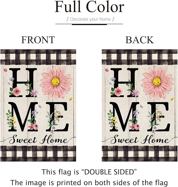 ORTIGIA Spring Summer Daisy House Flag Burlap Double Sided Home Sweet Home Floral Flower Large House Flag Farmhouse Buffalo Plaid Yard Lawn Patio Outdoor Outside 28x40 Inch
