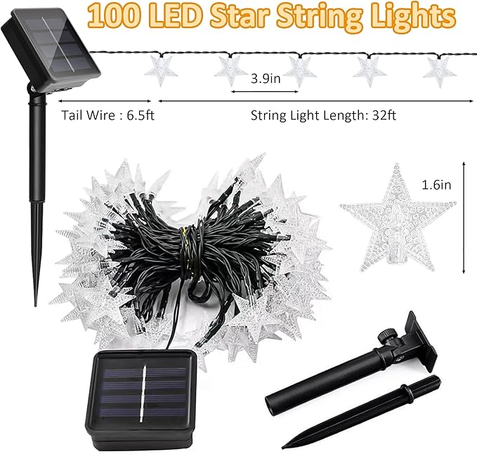 Twinkle Solar Star String Lights Outdoor Waterproof Fairy Lights 39FT 100 LED with 8 Lighting Modes for Camping Garden Wedding Party Tree Holidays Backyard Patio(Warm White)