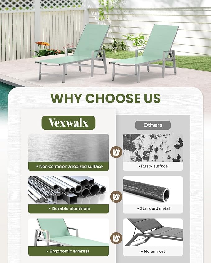 Patio Chaise Lounge Chair Outdoor with Wheels&Armrests, Aluminum Pool Lounge Chairs 5-Position Adjustable Recliner, Outdoor Beach Lounge Chairs for Poolside, Patio, Deck, Yard, Light Green