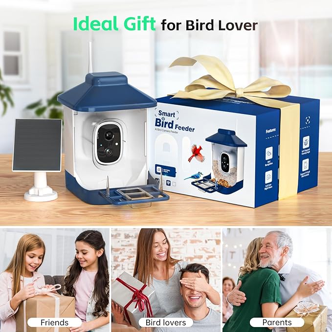 Bird Feeder with Camera, AI Bird Identification, Full HD Live Video, Solar Powered, 2.4Ghz WiFi, Instant Arrival Alerts - White Elephant Gifts