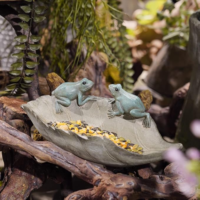 Bird-Feeder Wild Birdbath Bowl Outdoors - Garden Decor Birdfeeder for Outdoor Polyresin Frogs on Leaf Bath Bowl for Outside Yard Table Decor 12 x 7.25 x 3.5 inch Newman House Studio