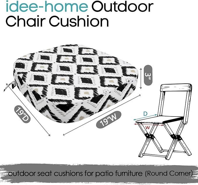 idee-home Outdoor Chair Cushions Set of 4, 19" x 19" x 3" Thick D-Shaped Patio Furniture Outdoor Seat Cushions Waterproof with Ties, Dining Pads