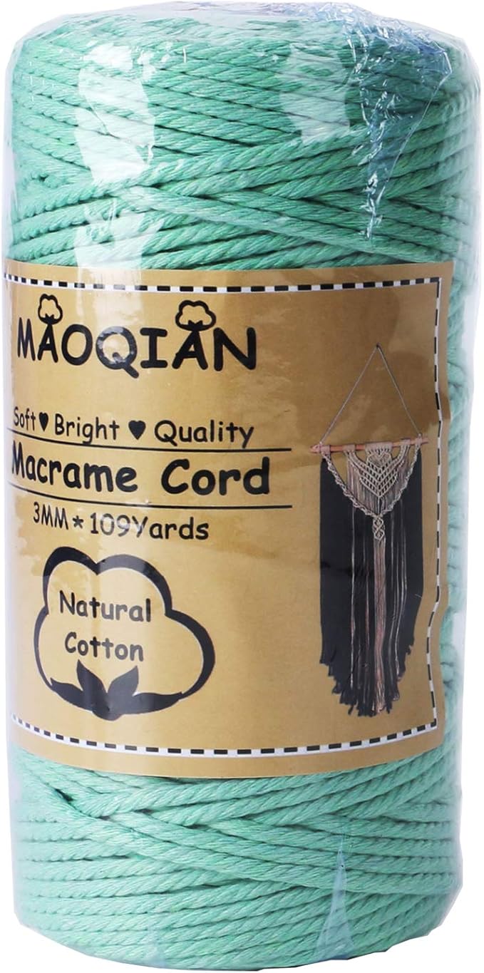 Light Green Macrame Cord 3mm x 109Yards,Colored Cotton Rope Colorful Cotton Cord Soft Craft Cord Twine for Wall Hanging Plant Hangers Crafts Decorative Projects