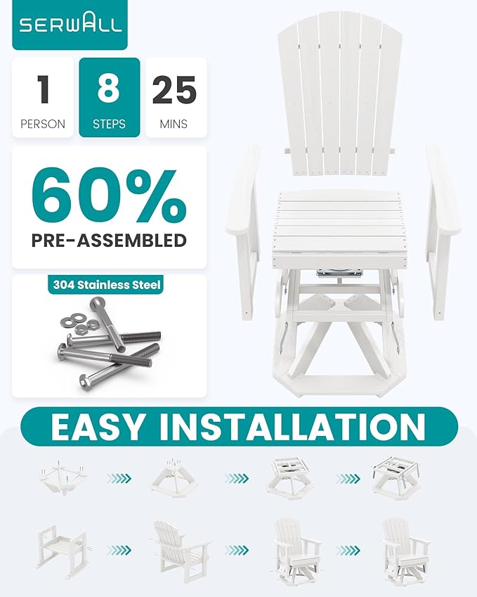 SERWALL Adirondack Swivel Glider Chair, HDPE Patio Glider Set of 2, All-Weather Glider Chair for Porch, Balcony, Light White