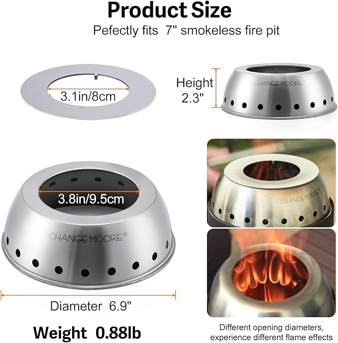 CHANGE MOORE 7'' Second Burning Smokeless Tabletop Fire Pit Cap Kit, Fire Start for Big Fire Pit or Outdooor Use, Compatible with Solo Stove Mesa XL, 201 Stainless Cap + Rack + Grill for 7'' Stove