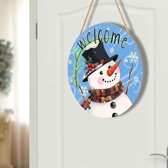Welcome Snowman Blue Door Sign For Front Door Decor,Green Pine Branch Snowflakes Wooden Sign 12"x 12" Round Wood Hanging Door Sign Winter Decoration for Wall Rustic Decor
