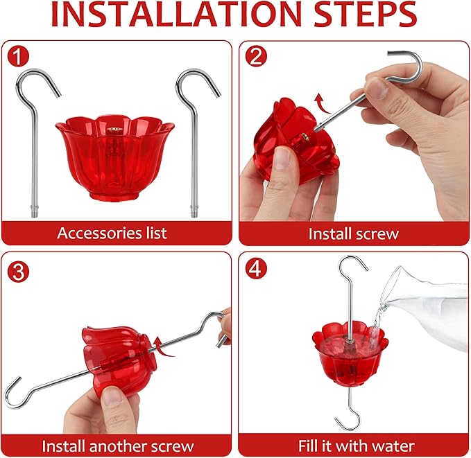 Ant Moat for Hummingbird Feeders 4 Pack,2 oz Capacity,Suitable for Outdoor Yard Hanging Feeders,Hummingbird Feeder Ant Guard,Rustproof S Hooks,Sturdy,Leakproof,Red Flower Shape