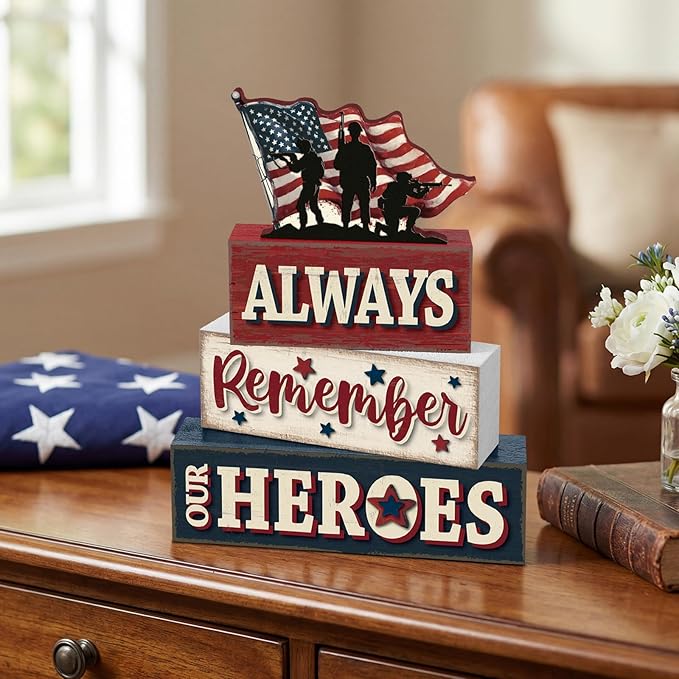 4 Pcs Memorial Day Table Decor Patriotic Always Remember Our Heroes Wooden Sign Fourth of July Tiered Tray Decor Red White Blue Table Centerpiece for Home Office Desk Shelf Mantel Decorations