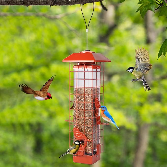 Squirrel Proof Bird Feeder, Metal Mesh Bird Feeder for Outside, Large Capacity and 4 Ports Perches (Orange)
