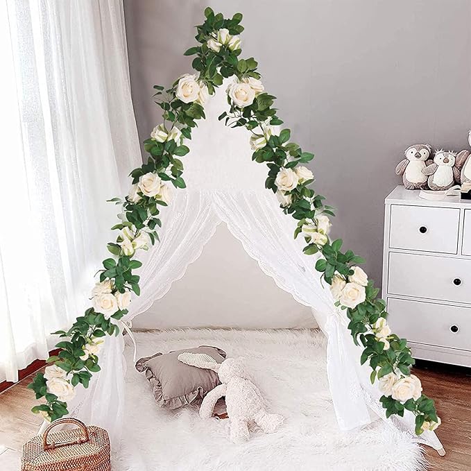 U'Artlines 5 Pack Artificial Champagne Rose Vines Floral Garlands Total 32.5 Ft Fake Vine Silk Flower Garland for Indoor Outdoor Home Wedding Arch Garden Wall Decoration