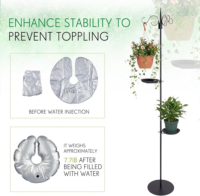 1 Set 75.9" Shepherd's Hook Stand for Bird Feeder, Hanging Plant, Wind Chime, Waterproof Metal & Adjustable Standing Pole Holder for Indoor Outdoor, with 2 Rack & Weight Bag (3 Hooks)