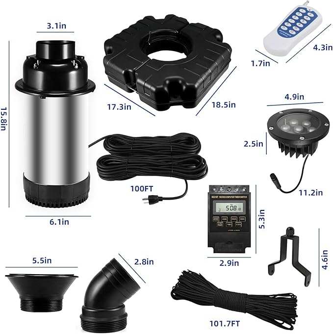 Floating Pond Fountain with 4pcs Led Lights 1HP 110V 750W with 98Ft Power Cord, Featuring a Timer, Metal Pond Waterfall Pump.