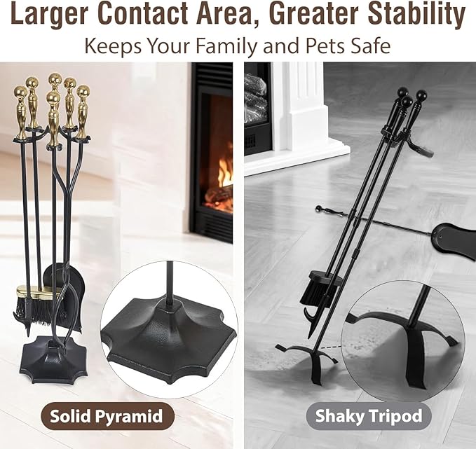 AMAGABELI GARDEN & HOME Fireplace Tools Set 5 Pieces Log Gold Handle Wrought Iron Fire Set with Stand Holder Fireset Fire Pit Indoor Outdoor Tongs Shovel Brush Poker Wood Stove Hearth Accessories