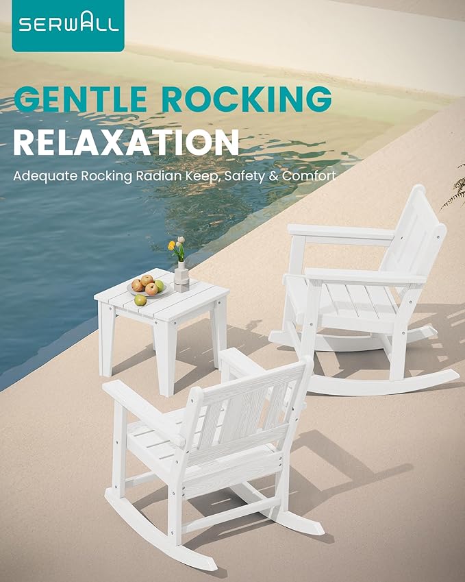 SERWALL Outdoor Rocking Chairs Set of 2 with Side Table, All-Weather HDPE 3 Piece Patio Furniture Set, Patio Bistro Set for for Porch Deck Lawn Balcony, White