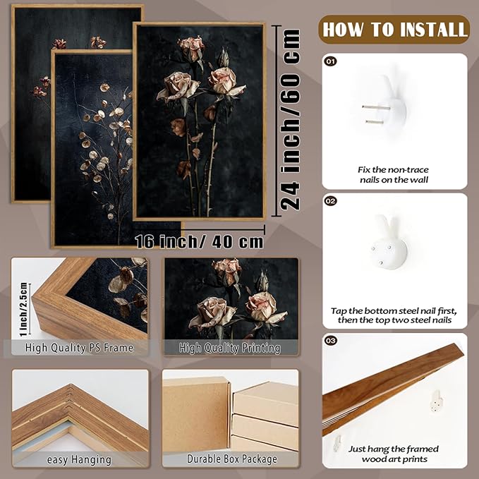 QTUSYUR Dark Dried Wildflower Wall Art - Large Farmed Floral Botanical Art Print - Farmhouse Flower Canvas Artwork for Bedroom Living Room- Modern Minimalist Wall Pictures for Home Decor 16”×24”×3