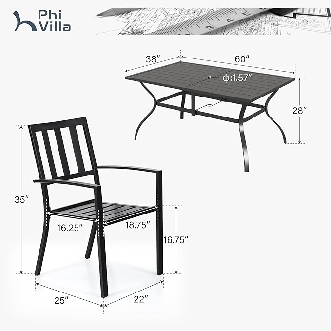 PHI VILLA 7 Piece Metal Outdoor Patio Dining Bistro Sets with Umbrella Hole - 60" x 37.8" Rectangle Patio Table and 6 Backyard Garden Outdoor Chairs,Black