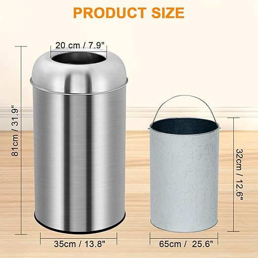 70L/18.5 Gallon Tall Commercial Trash Can, Large Capacity Outdoor Trash Can with Lid, Round Stainless Steel Open Top Waste Bin, Metal Garbage Bin for Home, Office, Restaurant, Restroom
