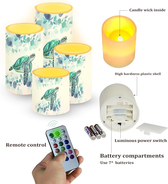 Flameless LED Candles Electric Candle Set with Remote Timer Color Changing Control Long Lasting for Table Centerpiece Home Indoor Decoration Pack of 4, Blue Sea Turtle