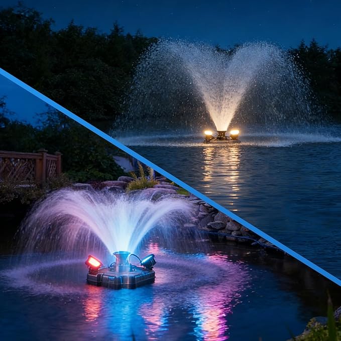 Pond Fountain Aerator with Lights, 1HP 15000 GPH Stainless Steel Floating Fountain with Timer, 100 FT Power Cord, 110V 750W, for Outdoor Backyard Water Garden