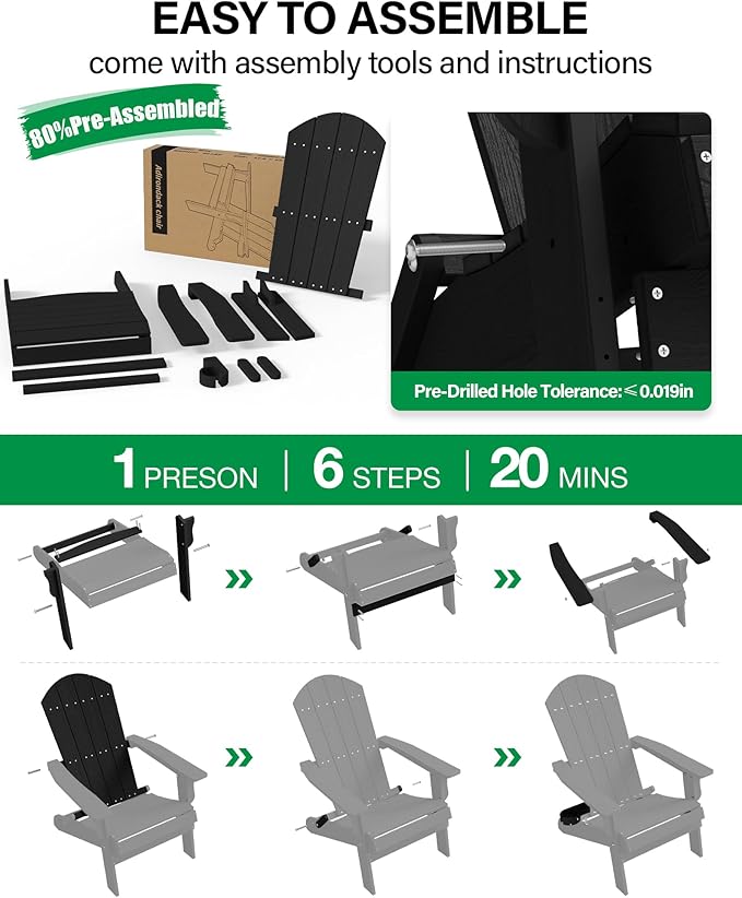 YEFU Adirondack Chair Set of 2, Folding Oversized Plastic Adirondack Chair with Cup Holder, Lawn Chair with Weather Resistant for Outdoor Deck Garden, Weight Capacity Up to 400 Lbs–Black