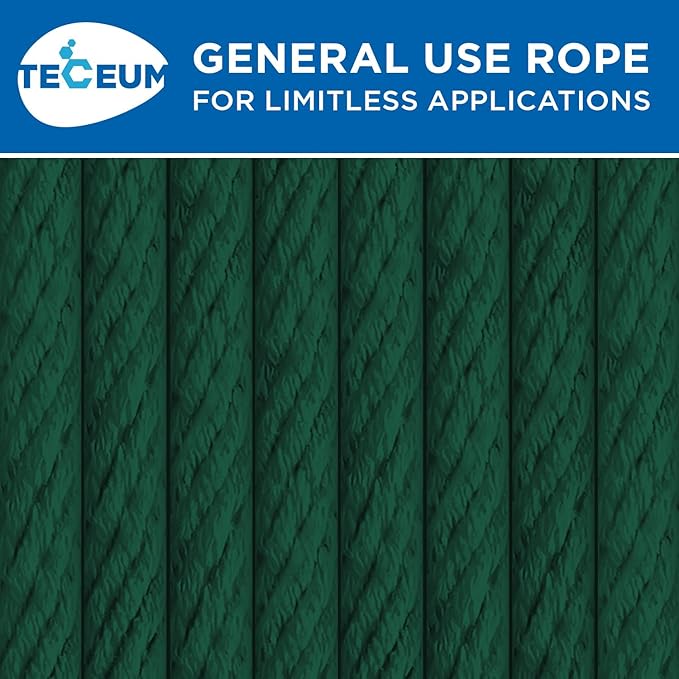 TECEUM Cotton Rope 3/16” (5 mm) – 100 FT – Strong All-Purpose Braided Rope – Natural Cotton – for Crafting, Сamping, Clothes Line, DIY, Indoor & Outdoor Use – Dark Green