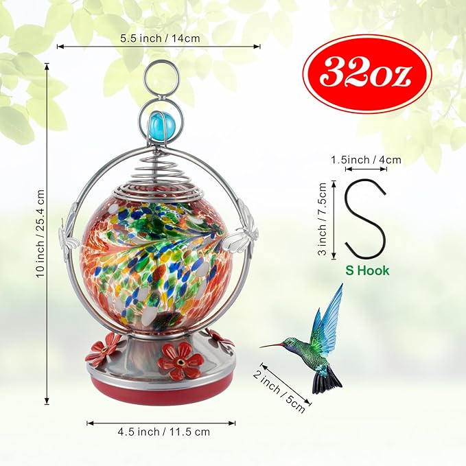 Backyard Expressions Glass Hummingbird Feeder - Red - Hummingbird Feeders for Outdoors Hanging, Hand Blown Glass Hummingbird Feeder with Spiral Pattern