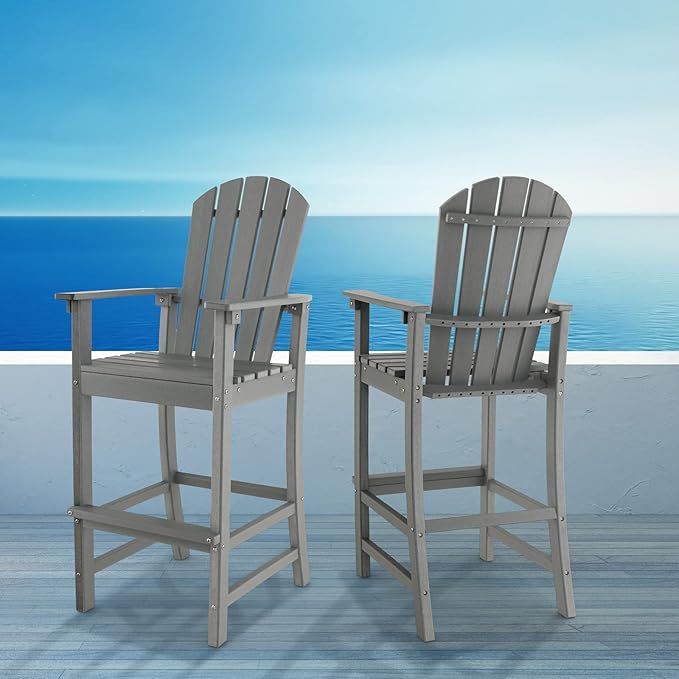 Giantex Outdoor HDPE Bar Stool, Tall Adirondack Chair with Armrests and Footrest, 30 Inches Counter Height Bar Stool for Garden, Backyard, Weather Resistance, Easy Maintenance (1, Gray)
